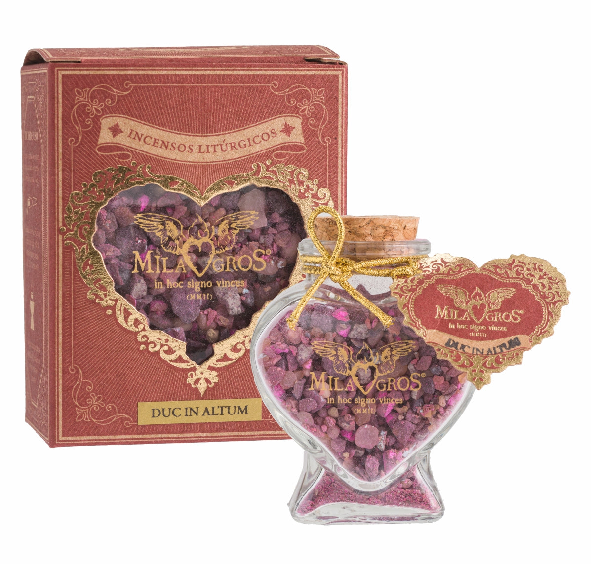 Heart-shaped Cuore glass jar (47g) of Milagros Duc in Altum resin incense with cork stopper and gift box.