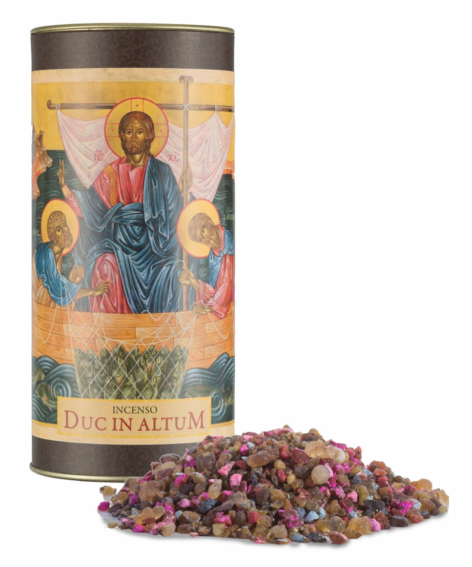 300g canister of Milagros Duc in Altum resin incense beside a pile of resin grains.