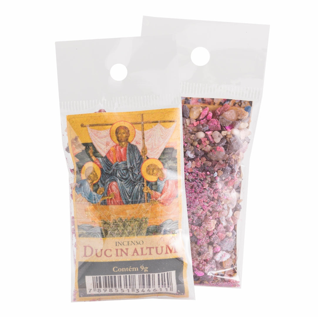 9g sachet of Milagros Duc in Altum resin incense, shown front and back with devotional label.