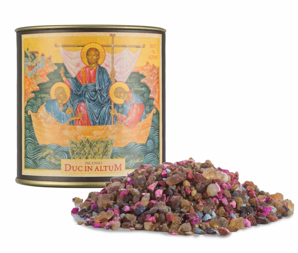 125g canister of Milagros Duc in Altum resin incense beside a pile of resin grains.