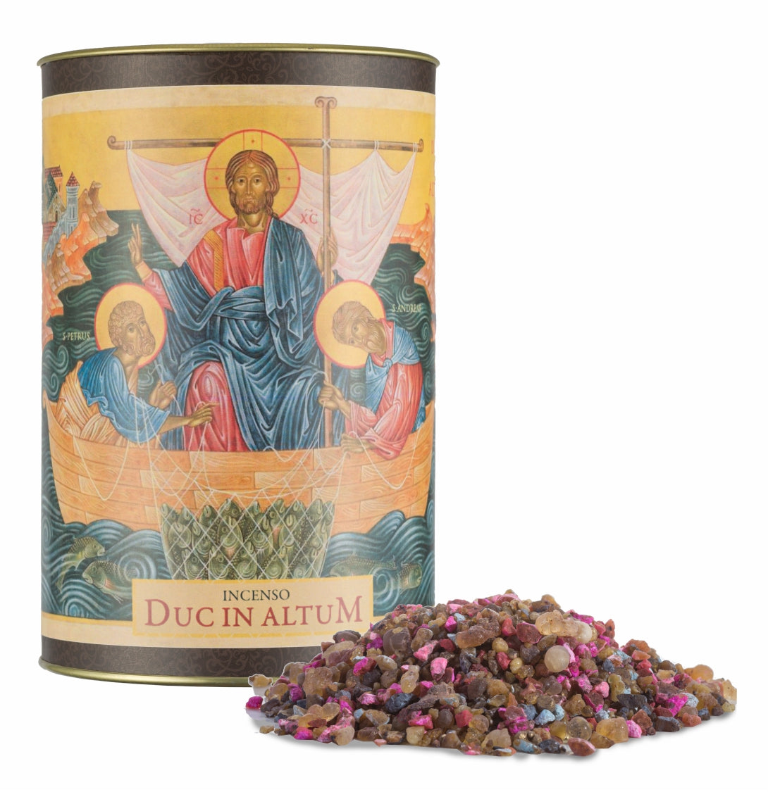 500g canister of Milagros Duc in Altum resin incense beside a pile of resin grains.