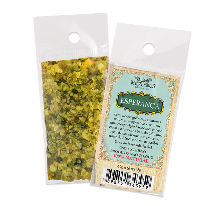 9g sachet of Milagros Esperança resin incense, shown front and back with devotional label.