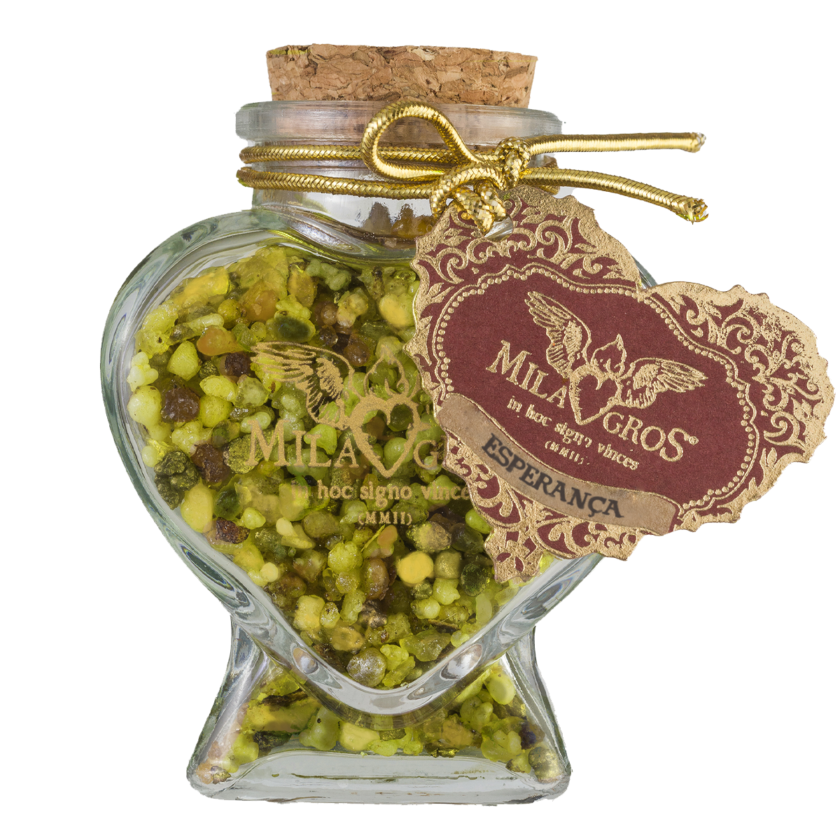 Heart-shaped Cuore glass jar (47g) of Milagros Esperança resin incense with cork stopper and gift box.