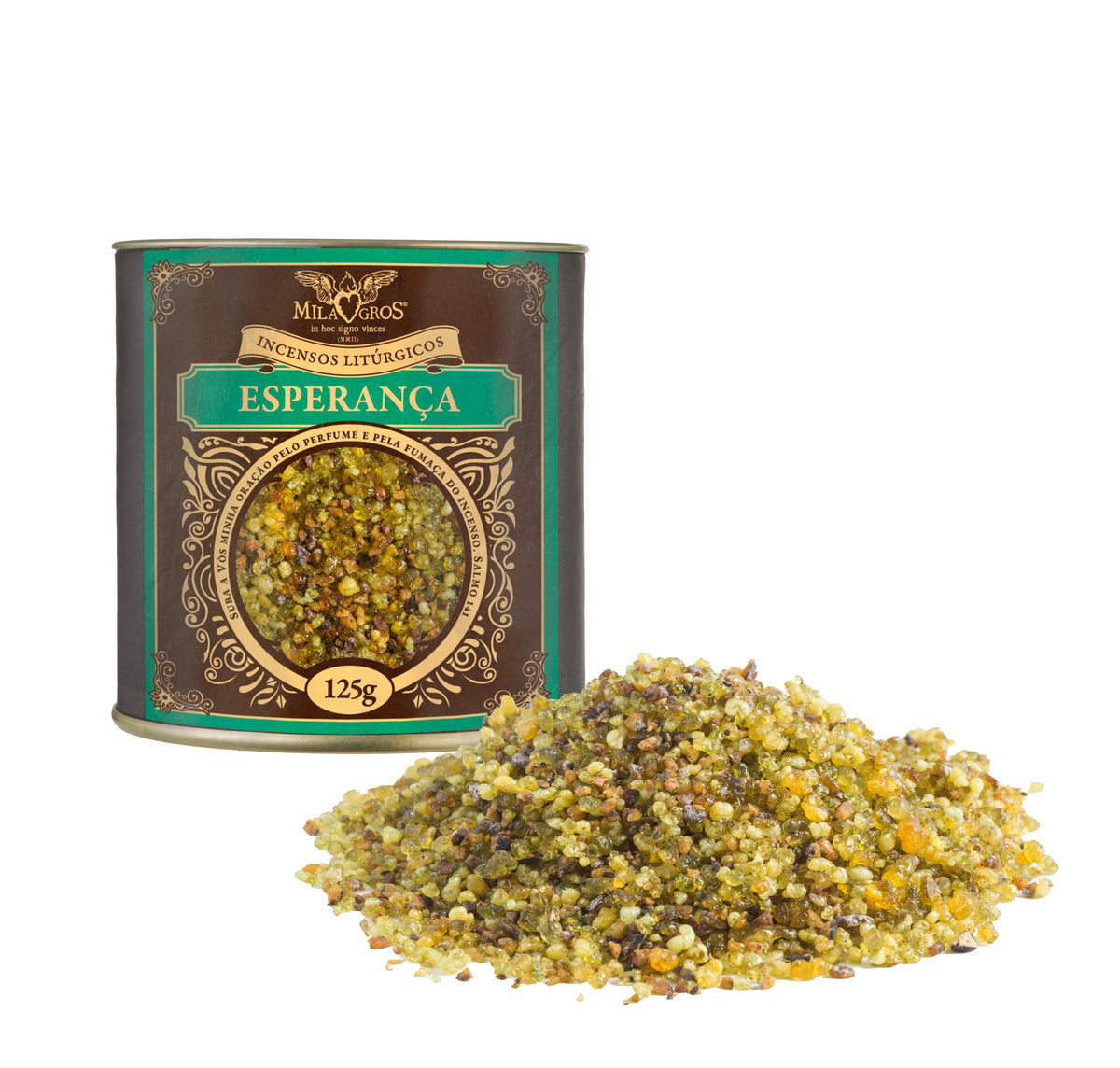 125g canister of Milagros Esperança resin incense beside a pile of resin grains.