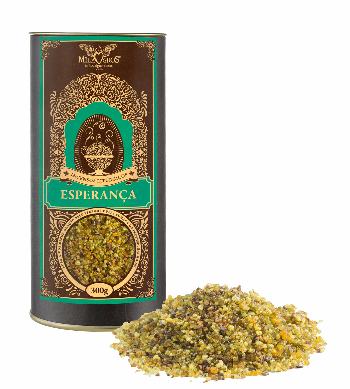 300g canister of Milagros Esperança resin incense beside a pile of resin grains.