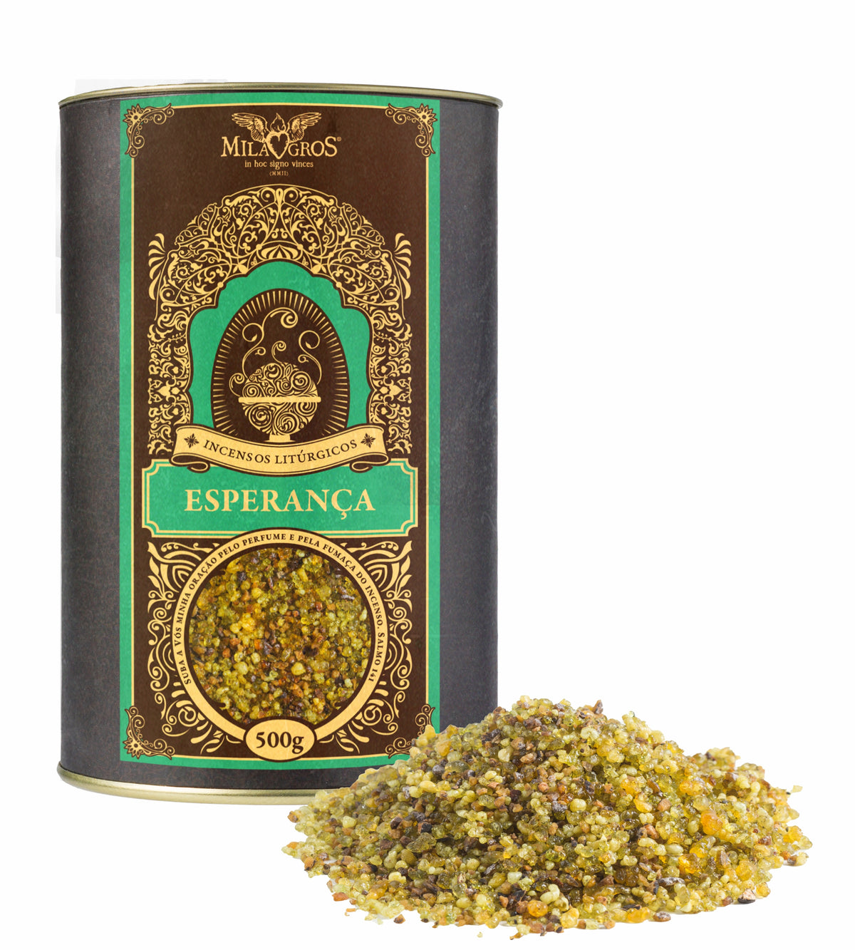 500g canister of Milagros Esperança resin incense beside a pile of resin grains.