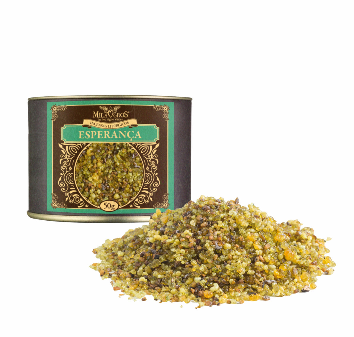 50g canister of Milagros Esperança resin incense beside a pile of resin grains.