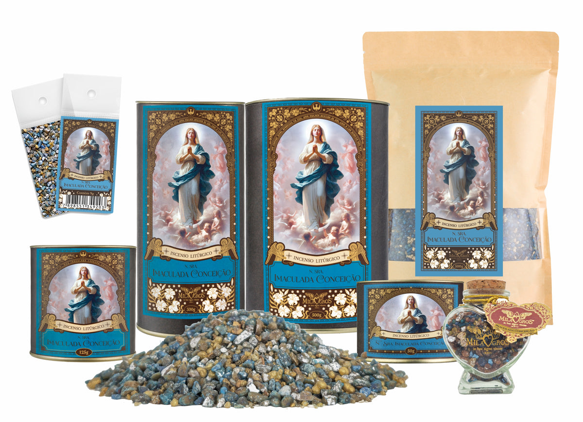 Milagros Immaculate Conception resin incense range — 9g sachet to 500g canister, heart-shaped Cuore jar, kraft refill, and loose resin grains.