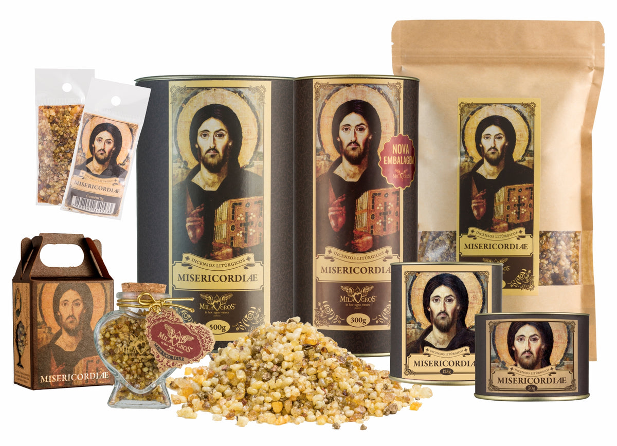 Milagros Misericordiae resin incense range — 9g sachet to 500g canister, heart-shaped Cuore jar, kraft refill, and loose resin grains.