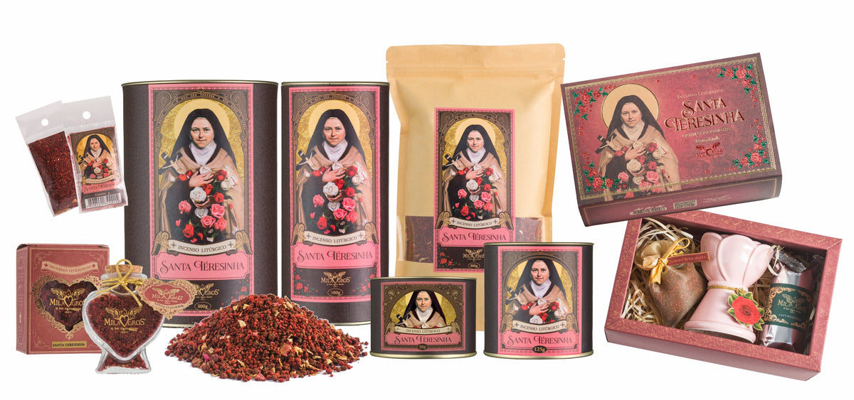 Milagros Saint Therese of Lisieux resin incense range — 9g sachet to 500g canister, heart-shaped Cuore jar, kraft refill, and loose resin grains.