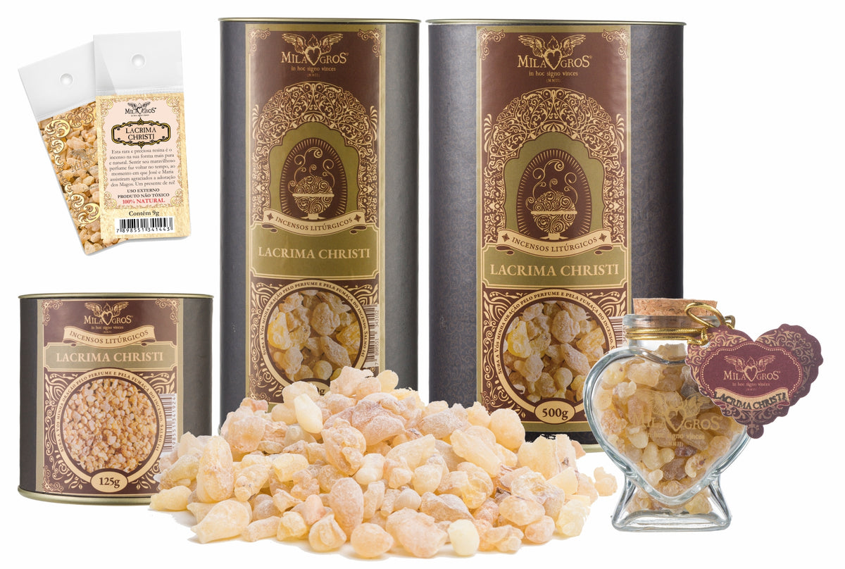 Milagros Olibanum Lacrima Christi resin incense range — 9g sachet to 500g canister, heart-shaped Cuore jar, kraft refill, and loose resin grains.