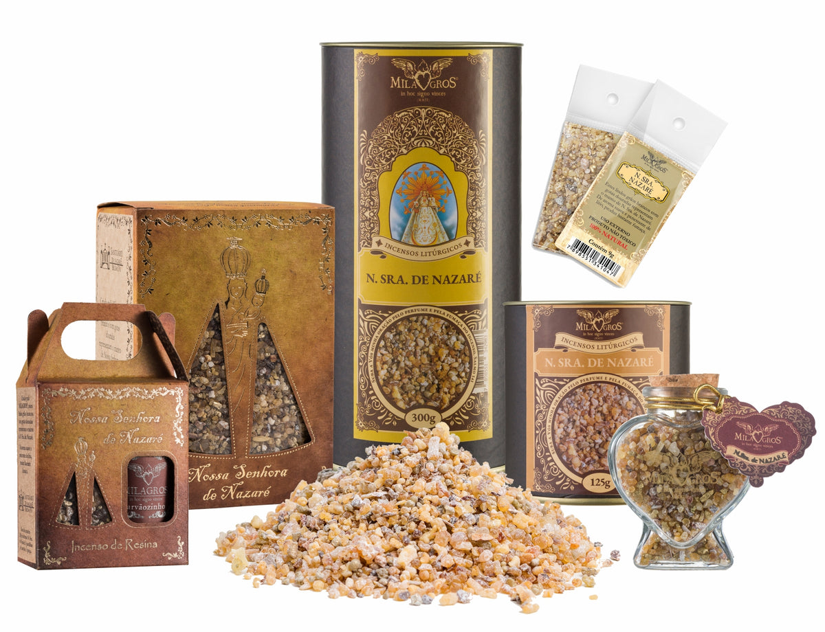 Milagros Our Lady of Nazareth resin incense range — 9g sachet to 500g canister, heart-shaped Cuore jar, kraft refill, and loose resin grains.