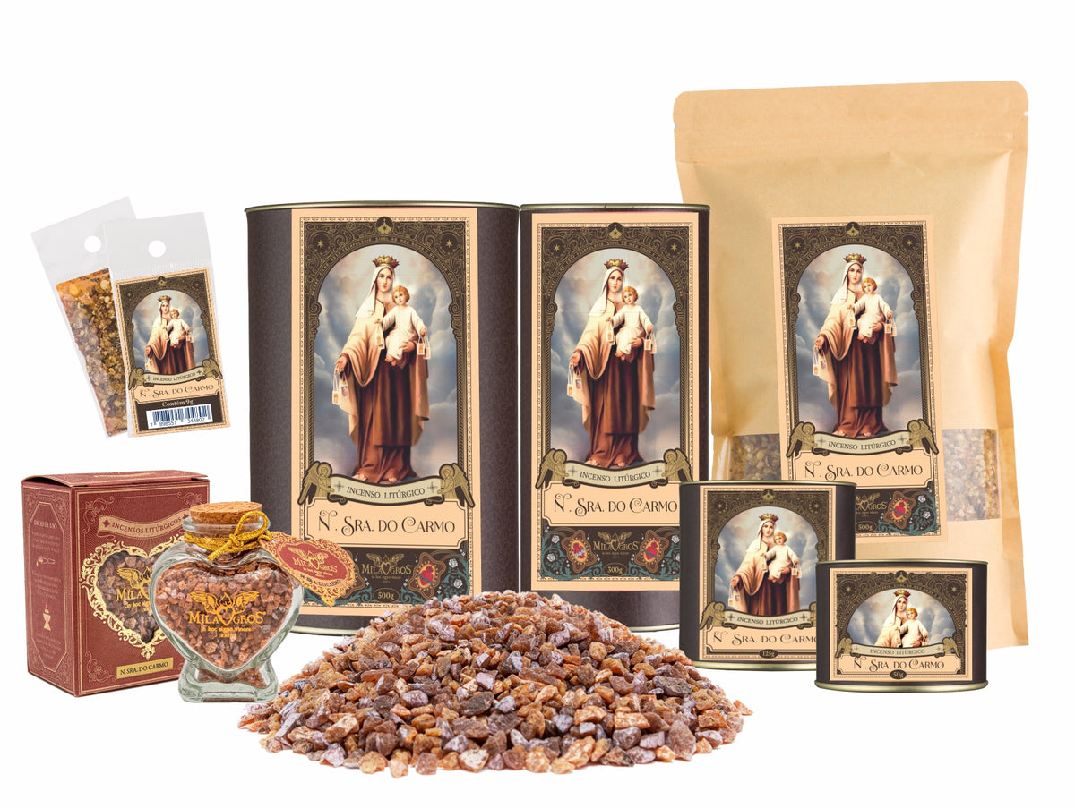 Milagros Our Lady of Mount Carmel resin incense range — 9g sachet to 500g canister, heart-shaped Cuore jar, kraft refill, and loose resin grains.
