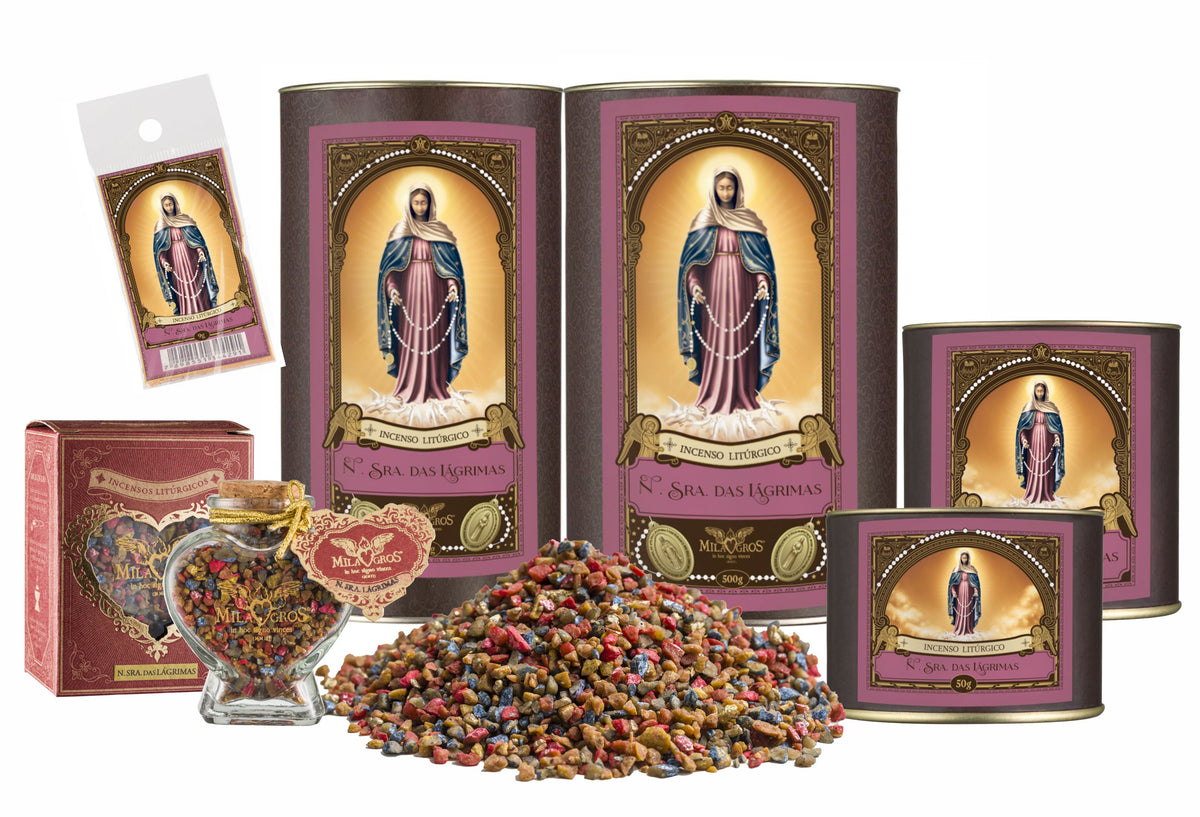 Milagros Our Lady of Tears resin incense range — 9g sachet to 500g canister, heart-shaped Cuore jar, kraft refill, and loose resin grains.