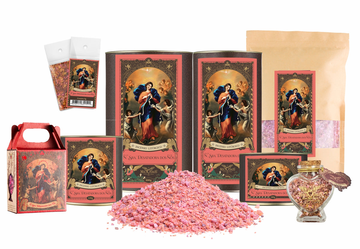 Milagros Our Lady Untier of Knots resin incense range — 9g sachet to 500g canister, heart-shaped Cuore jar, kraft refill, and loose resin grains.