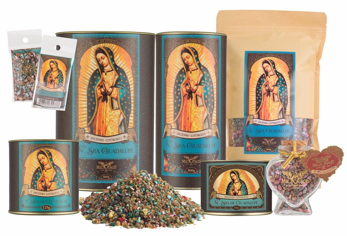 Milagros Our Lady of Guadalupe resin incense range — 9g sachet to 500g canister, heart-shaped Cuore jar, kraft refill, and loose resin grains.