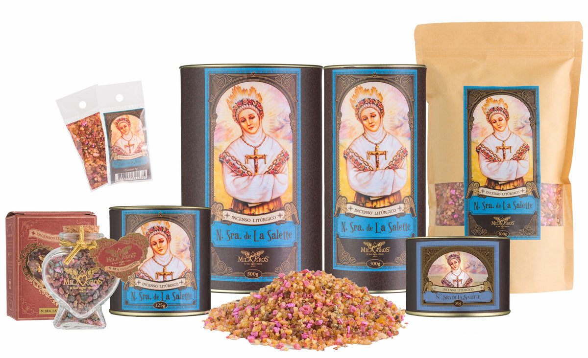Milagros Our Lady of La Salette resin incense range — 9g sachet to 500g canister, heart-shaped Cuore jar, kraft refill, and loose resin grains.