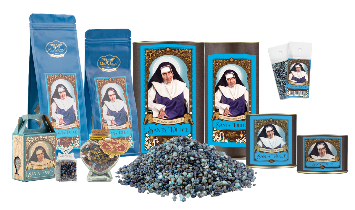 Milagros Saint Dulce resin incense range — 9g sachet to 500g canister, heart-shaped Cuore jar, kraft refill, and loose resin grains.