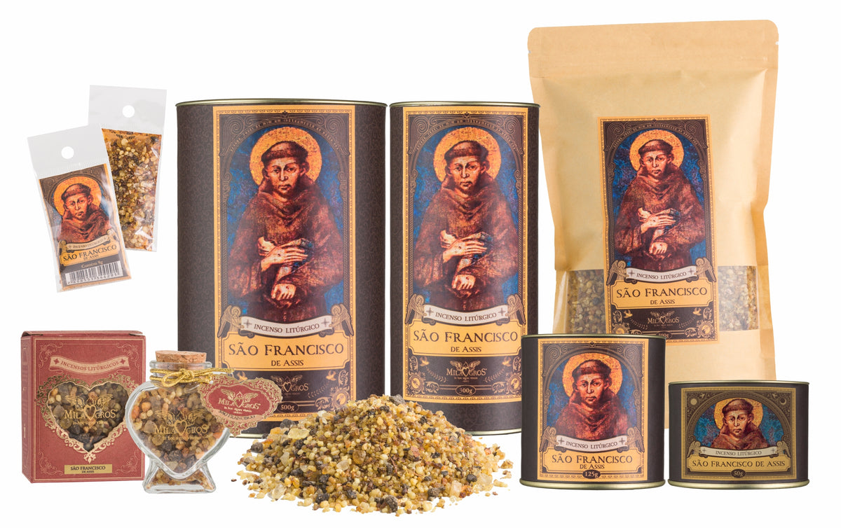 Milagros Saint Francis of Assisi resin incense range — 9g sachet to 500g canister, heart-shaped Cuore jar, kraft refill, and loose resin grains.