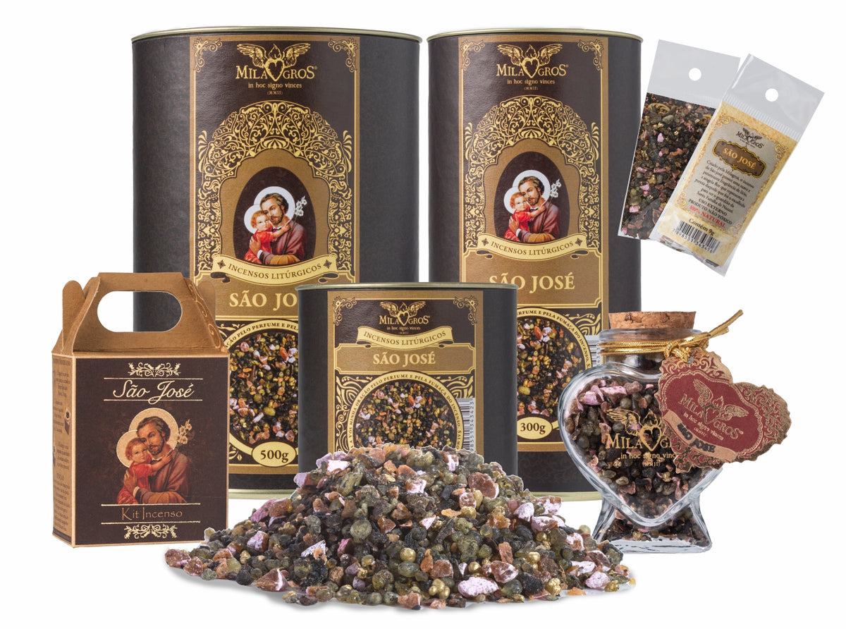 Milagros Saint Joseph resin incense range — 9g sachet to 500g canister, heart-shaped Cuore jar, kraft refill, and loose resin grains.