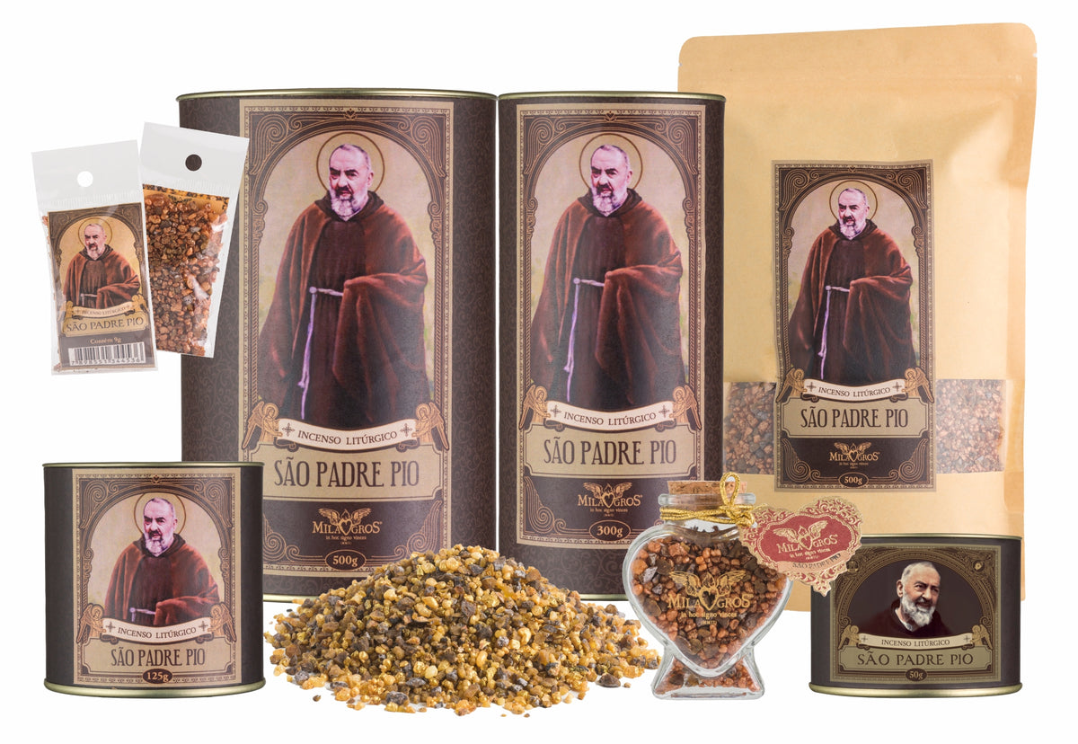 Milagros Saint Padre Pio resin incense range — 9g sachet to 500g canister, heart-shaped Cuore jar, kraft refill, and loose resin grains.