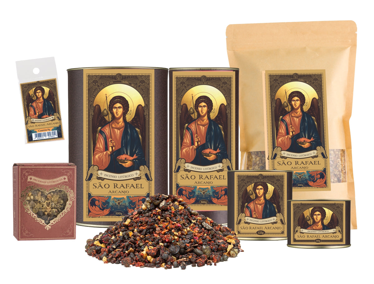 Milagros Saint Raphael the Archangel resin incense range — 9g sachet to 500g canister, heart-shaped Cuore jar, kraft refill, and loose resin grains.