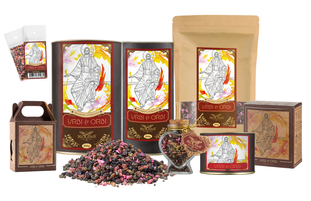 Milagros Urbi et Orbi resin incense range — 9g sachet to 500g canister, heart-shaped Cuore jar, kraft refill, and loose resin grains.