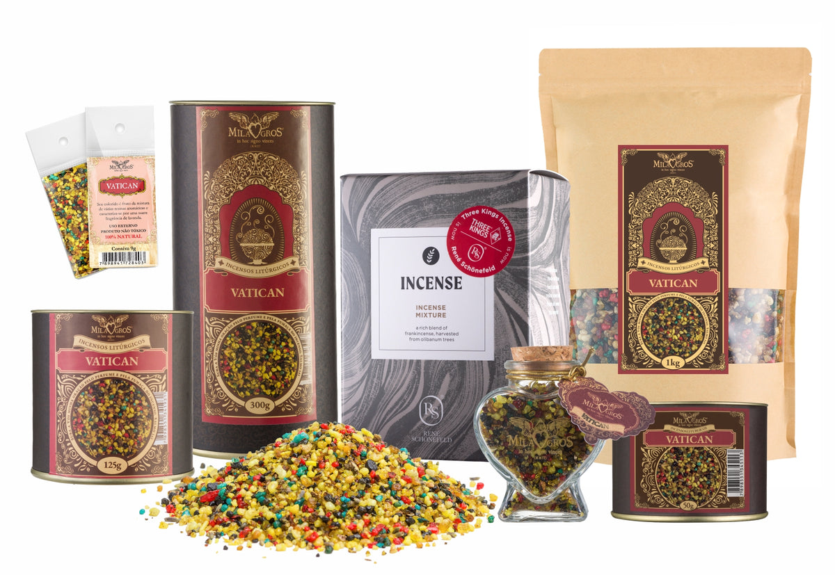 Milagros Vatican resin incense range — 9g sachet to 500g canister, heart-shaped Cuore jar, kraft refill, and loose resin grains.