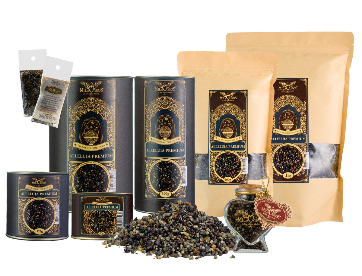 Milagros Alleluia Premium resin incense range — 9g sachet to 500g canister, heart-shaped Cuore jar, kraft refill, and loose resin grains.
