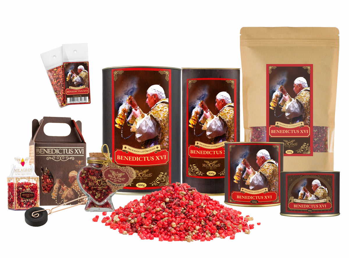 Milagros Benedictus XVI resin incense range — 9g sachet to 500g canister, heart-shaped Cuore jar, kraft refill, and loose resin grains.