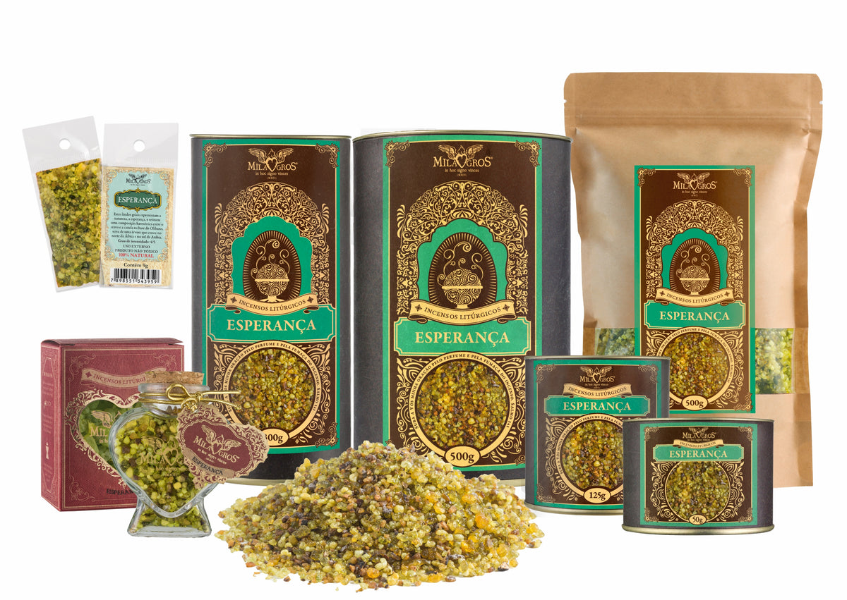 Milagros Esperança resin incense range — 9g sachet to 500g canister, heart-shaped Cuore jar, kraft refill, and loose resin grains.