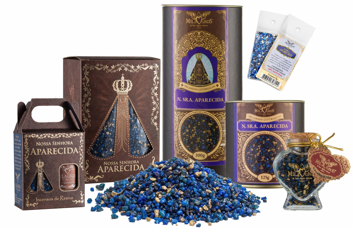 Milagros Our Lady Aparecida resin incense range — 9g sachet to 500g canister, heart-shaped Cuore jar, kraft refill, and loose resin grains.