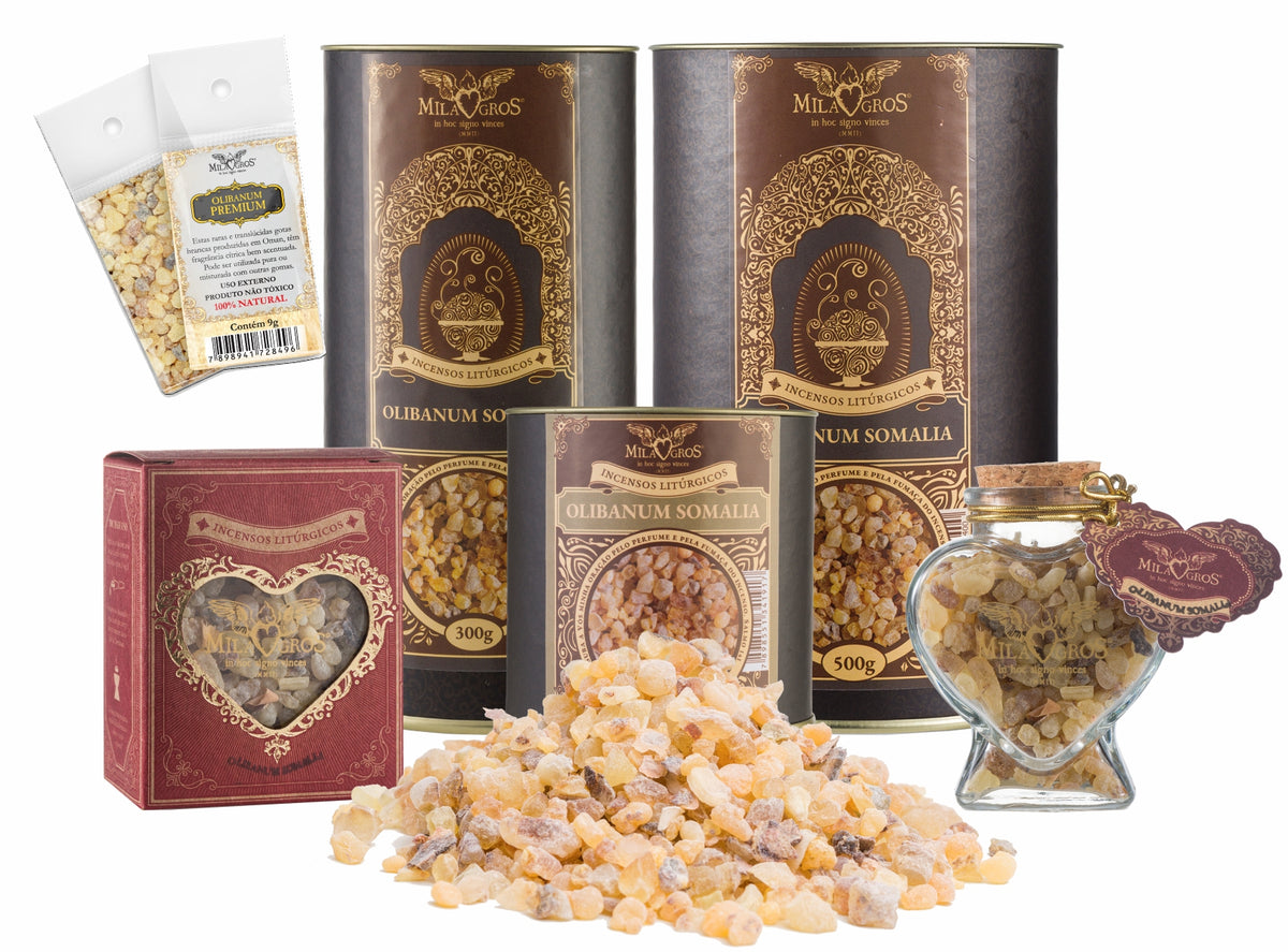 Milagros Olibanum Somalia Premium resin incense range — 9g sachet to 500g canister, heart-shaped Cuore jar, kraft refill, and loose resin grains.