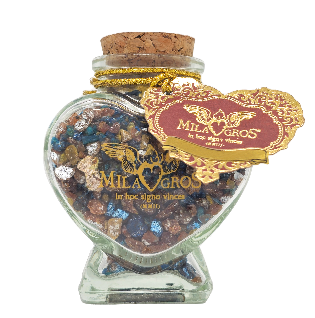Heart-shaped Cuore glass jar (47g) of Milagros Our Lady of Graces resin incense with cork stopper and gift box.