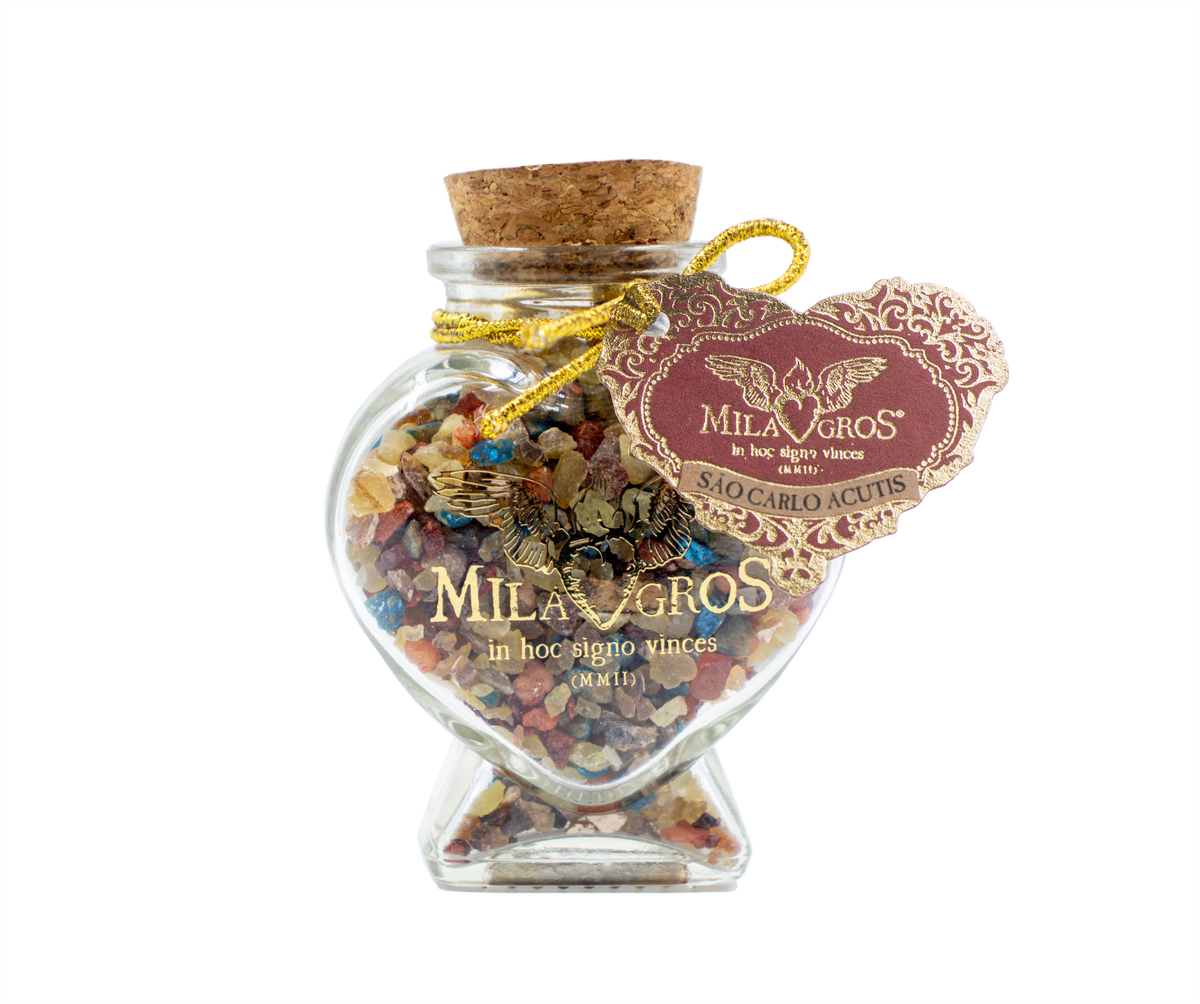 Heart-shaped Cuore glass jar (47g) of Milagros Saint Carlo Acutis resin incense with cork stopper and gift box.