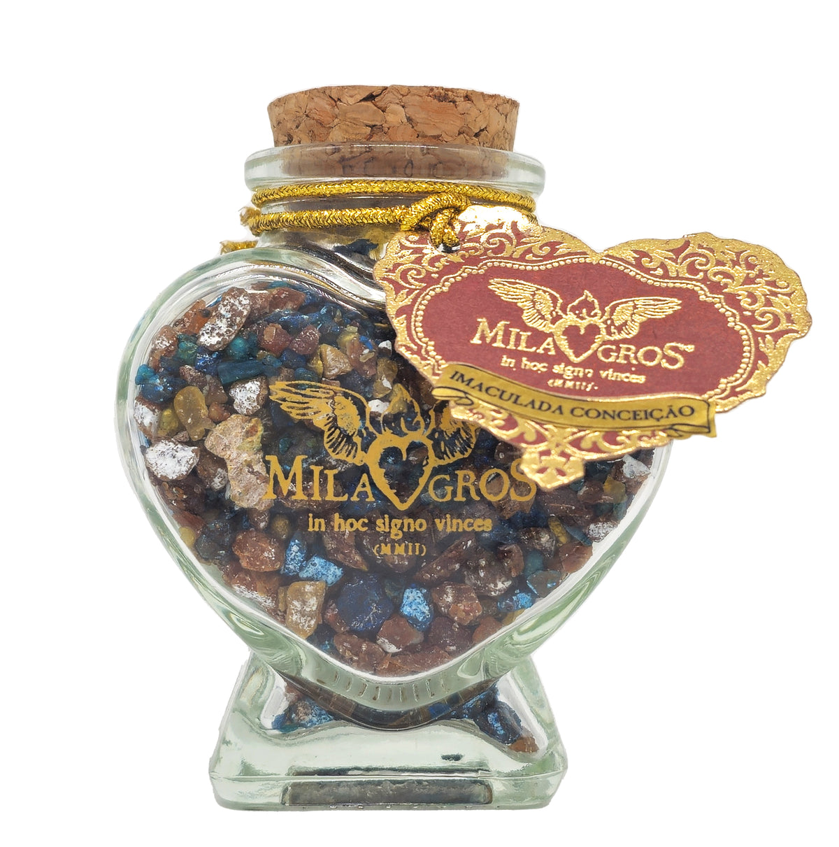 Heart-shaped Cuore glass jar (47g) of Milagros Immaculate Conception resin incense with cork stopper and gift box.