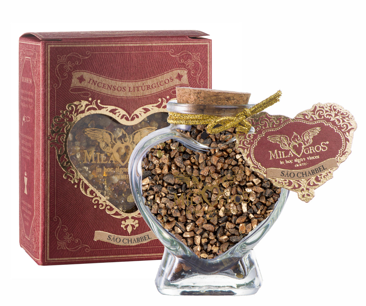 Heart-shaped Cuore glass jar (47g) of Milagros Saint Charbel resin incense with cork stopper and gift box.