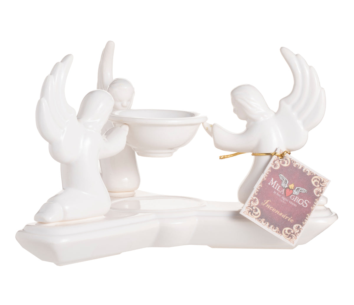 Three Angels Glazed Ceramic Resin Incense Burner — 6.3 in Tall, 8.7 in Wide