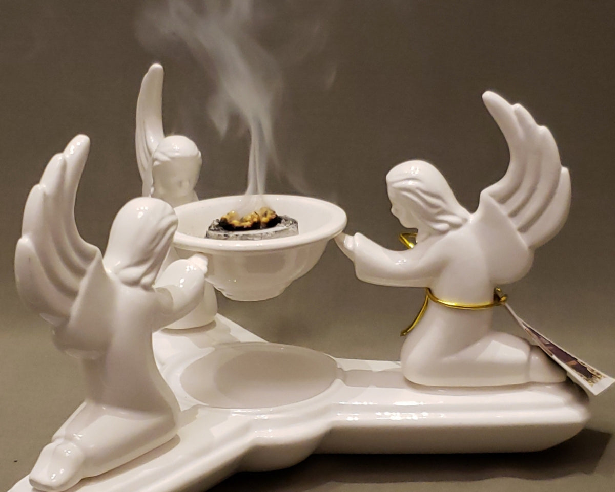 Three Angels Glazed Ceramic Resin Incense Burner — 6.3 in Tall, 8.7 in Wide