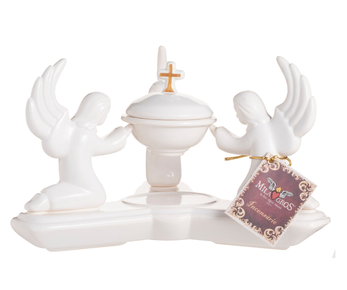 Three Angels Glazed Ceramic Resin Incense Burner — 6.3 in Tall, 8.7 in Wide