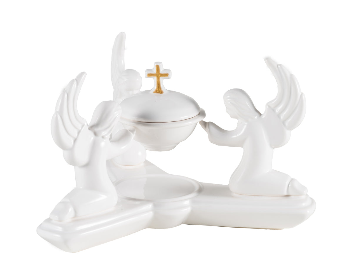 Three Angels Glazed Ceramic Resin Incense Burner — 6.3 in Tall, 8.7 in Wide