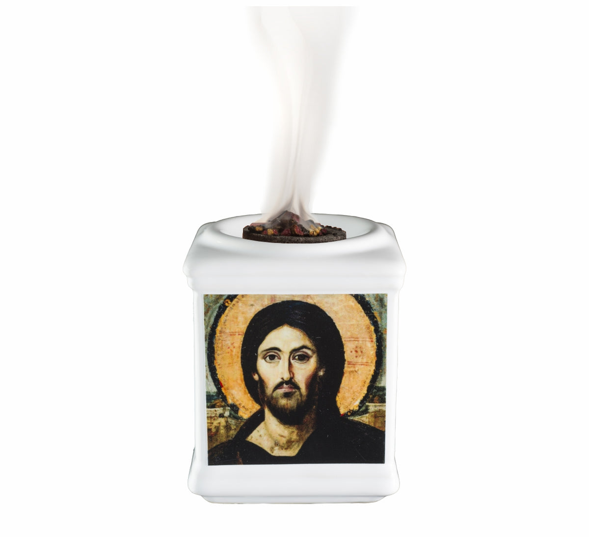 Misericordiae — ceramic burner, front view with lit charcoal and smoke