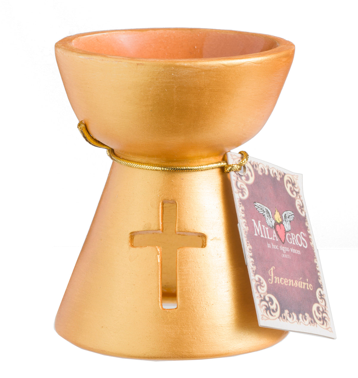 Gold incense burner with a cross design and a tag on a white background