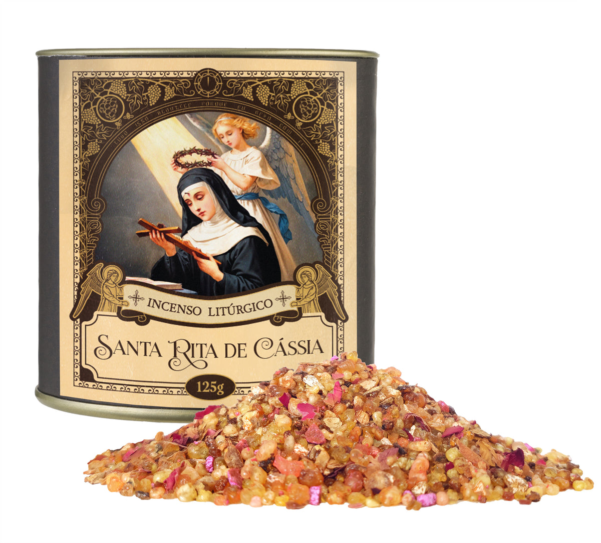 125g canister of Milagros Saint Rita of Cascia resin incense beside a pile of resin grains.