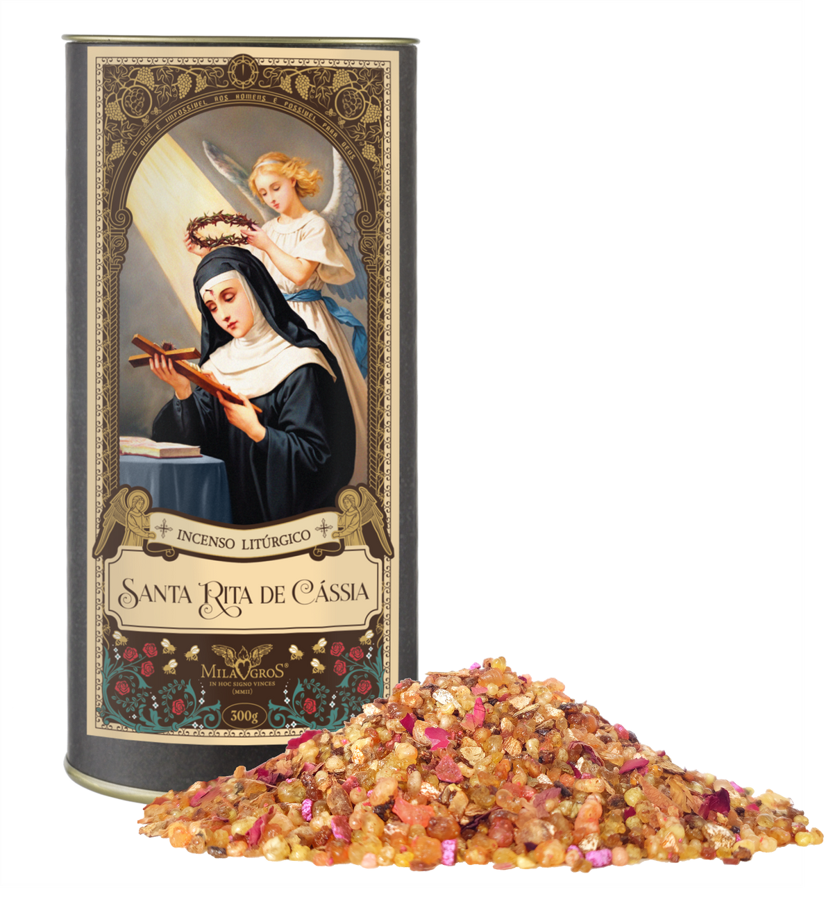 300g canister of Milagros Saint Rita of Cascia resin incense beside a pile of resin grains.