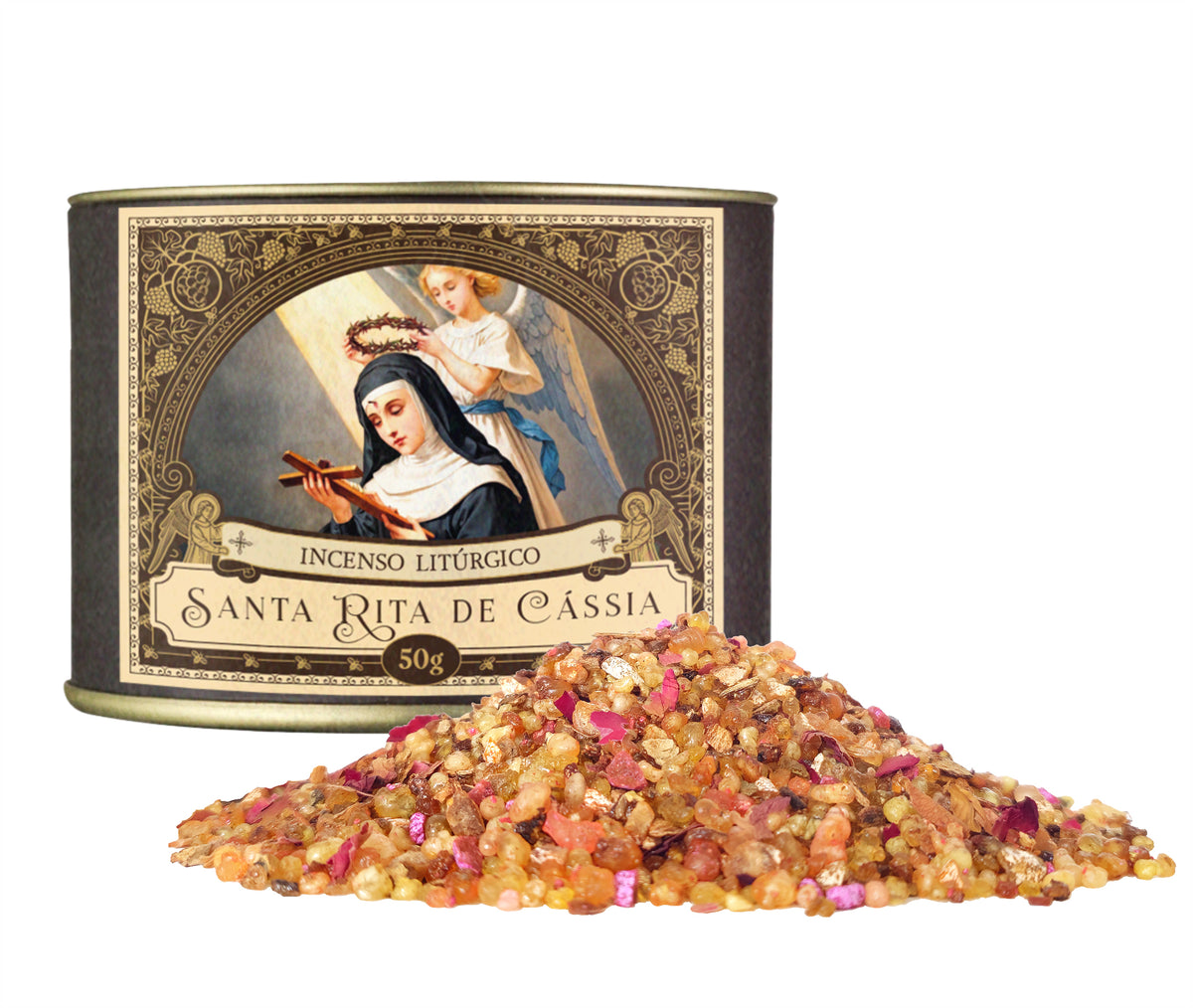 50g canister of Milagros Saint Rita of Cascia resin incense beside a pile of resin grains.