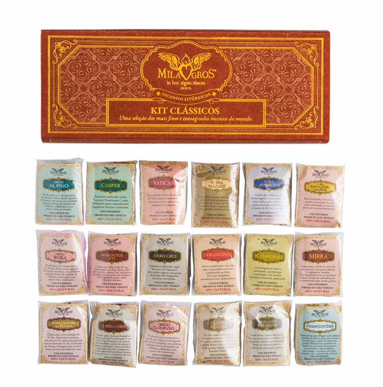Milagros Classics Resin Incense Kit — closed box with 18 resin incense sachets, 0.2 oz each
