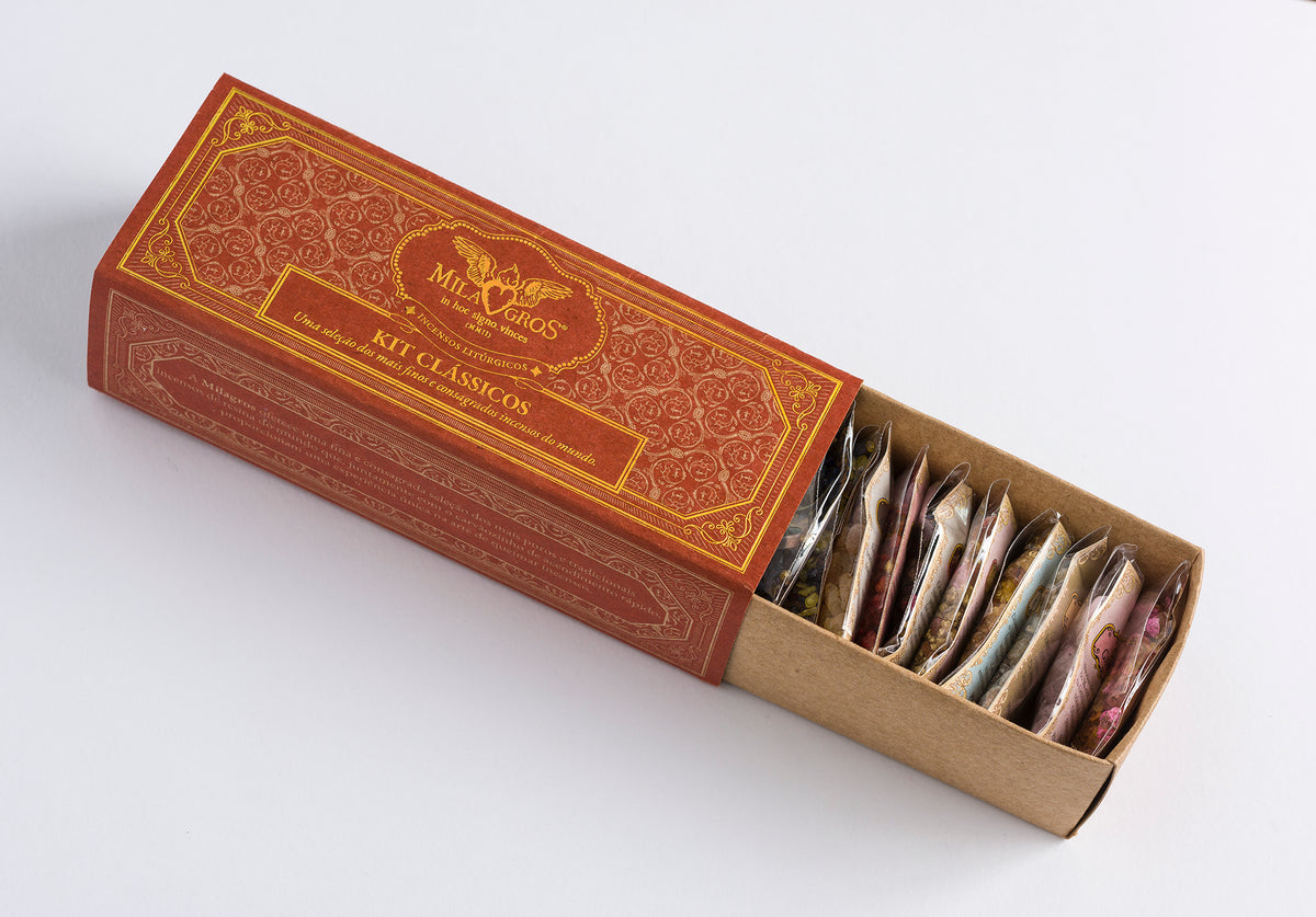 Milagros Classics resin incense kit open box revealing 18 individually labeled sachets