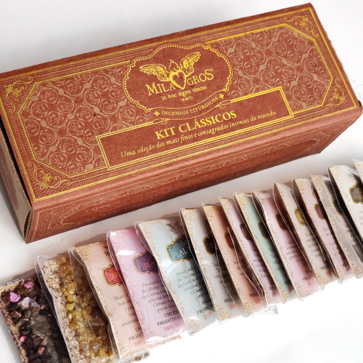 Close-up of Milagros resin incense sachets showing individual variety labels