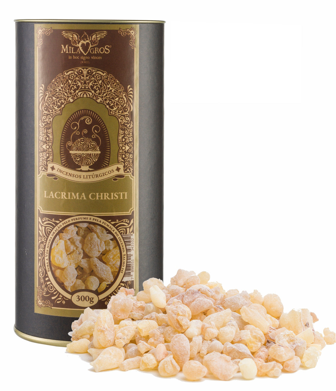 300g canister of Milagros Olibanum Lacrima Christi resin incense beside a pile of resin grains.